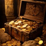 photo gold coins in chest by p h emerton, in the style of pseudo-historical fiction, vanitas paintings, giant money sculptures, creative commons attribution, trompe-l'œil illusionistic detail, decadent decay, golden light --ar 29:37